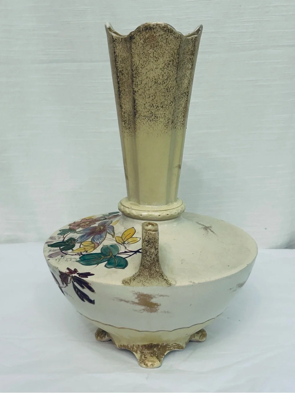 Antique Hand-Painted Floral Ceramic Vase in Cream and‎ Gold